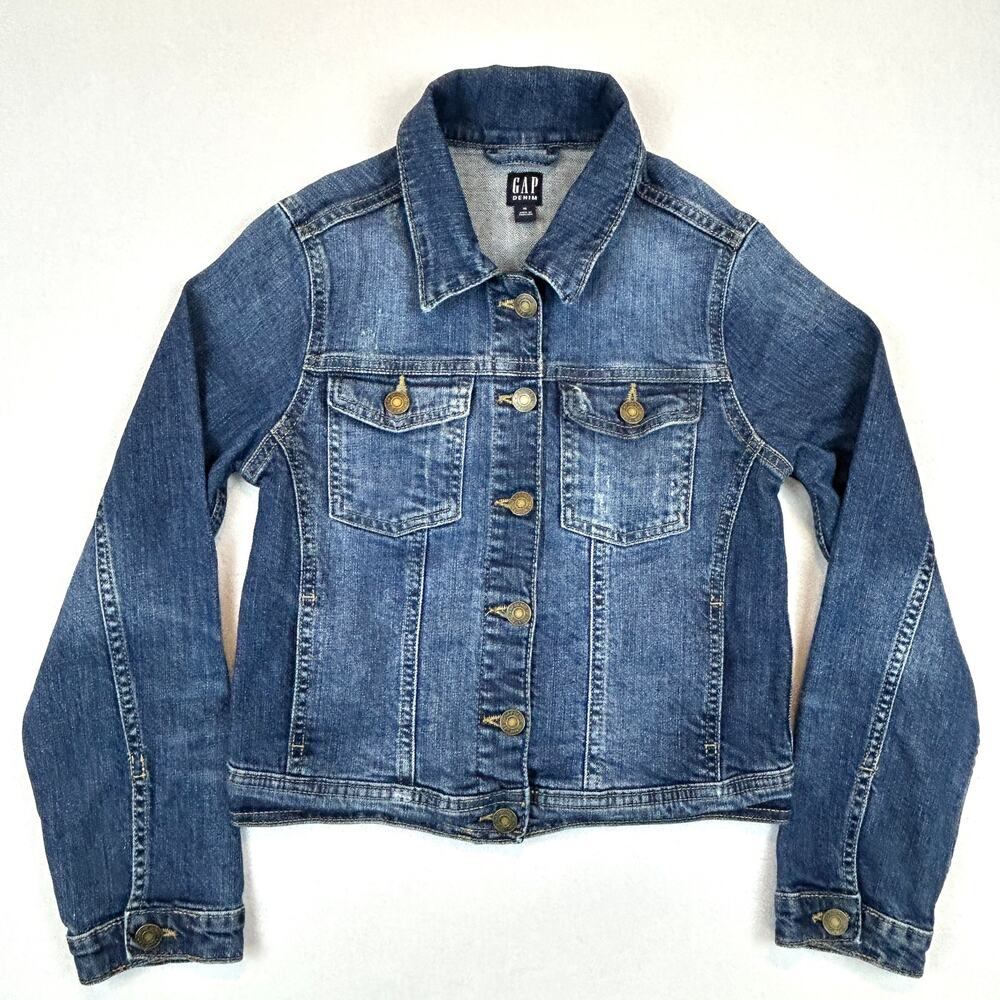 Gap Denim Jean Jacket Kids Size XL Distressed Trucker Pockets Button Front